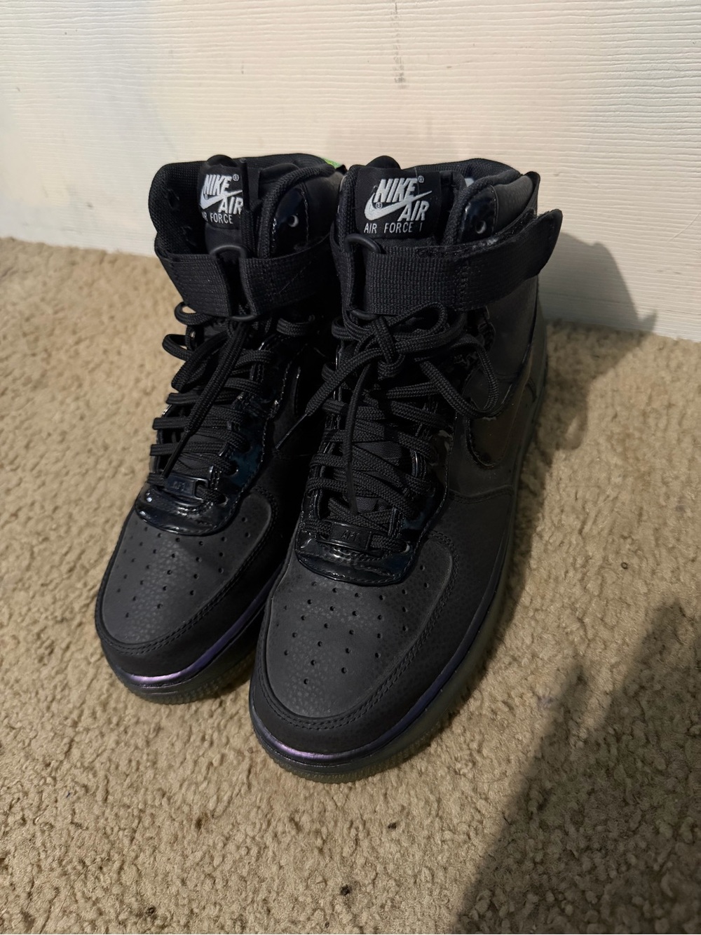 Nike Air Force 1 High Top Sneakers - Black with Iridescent Purple Accent